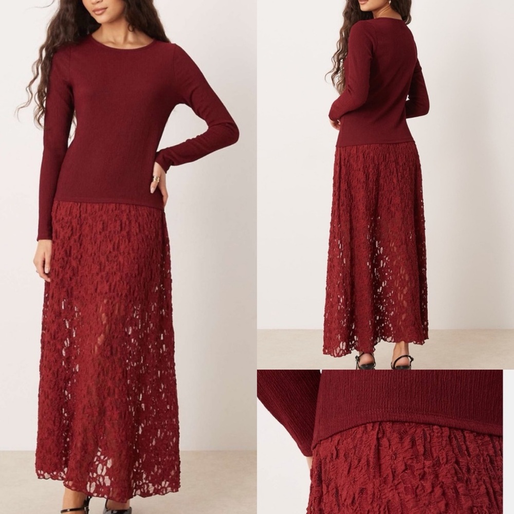 ASOS- burgundy drop waist mid maxi long sleeve dress with lace flowy skirt
